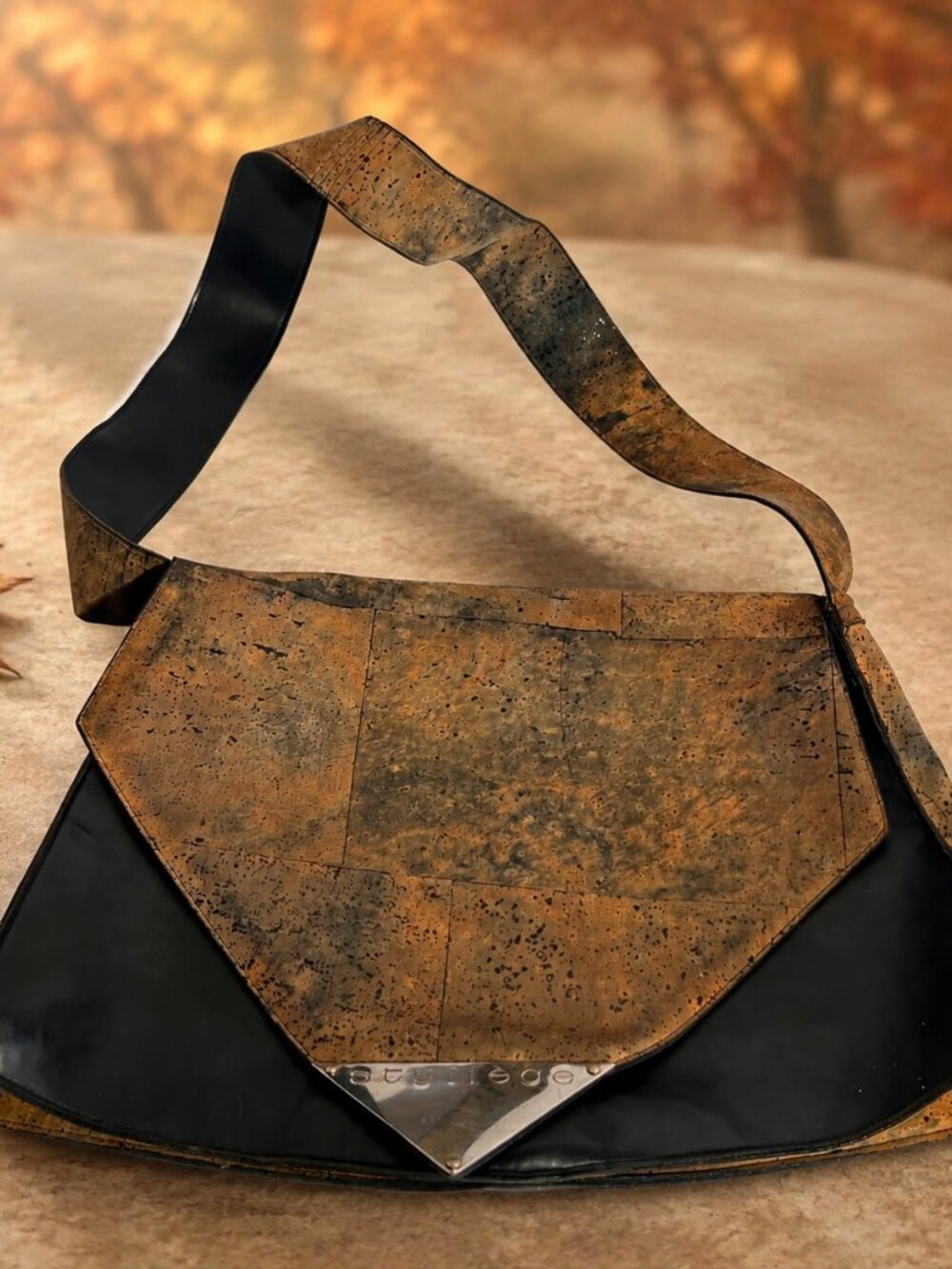 VTG Styliège Paris Cork & Black Leather Shoulder Bag Geometric Envelope